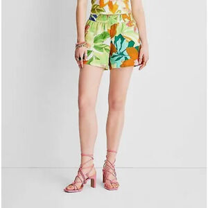 Future Collective Women's Floral Print Linen Shorts - Pink/Blue/Green Medium